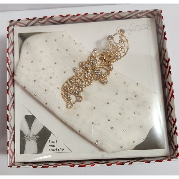 NIB 2016 Jaclyn Smith Scarf And Clip White Scarf Golden Rhinestone Clip - Picture 1 of 5